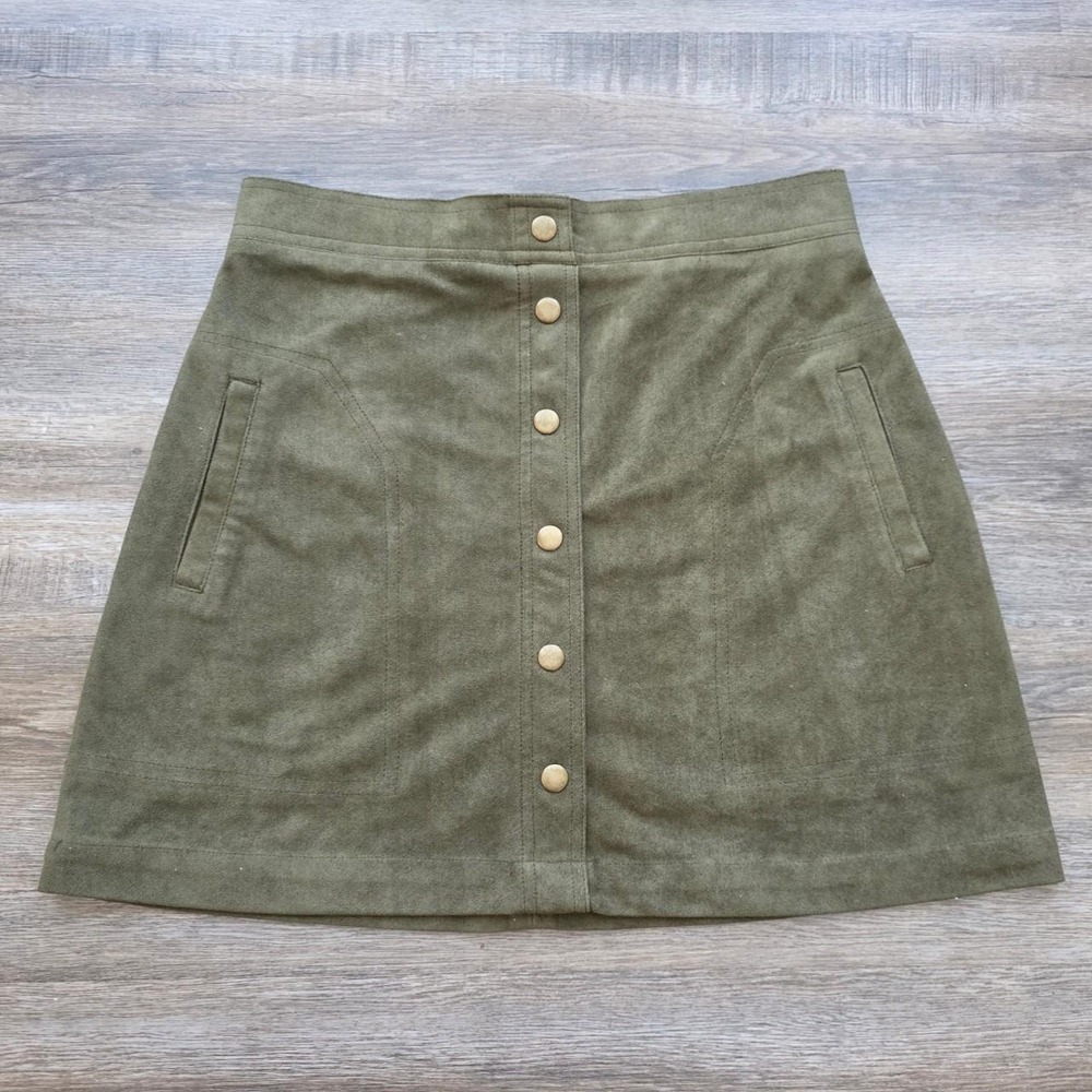 Blu Pepper Olive Green Faux Suede Snap Front Mini Skirt Small Boho Indie A-Line